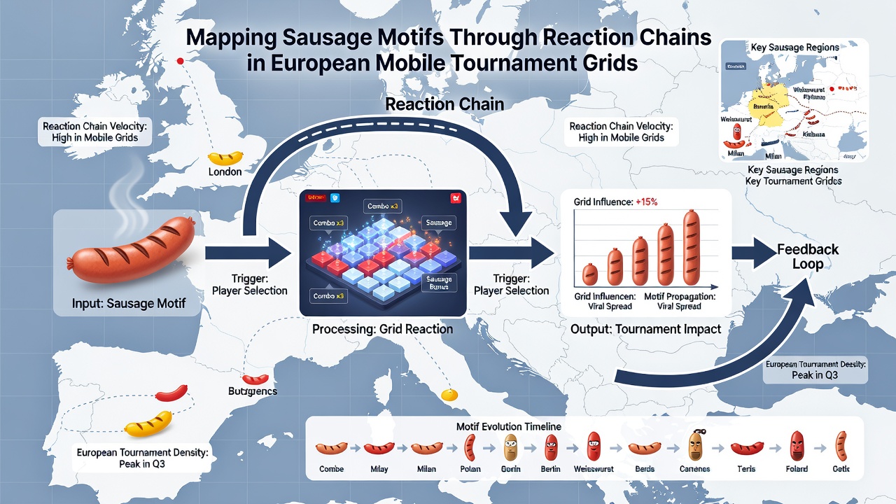 Detaillierte Ansicht einer Reaktionskette mit Wurst-Symbolen in einem europäischen mobilen Turnier-Grid